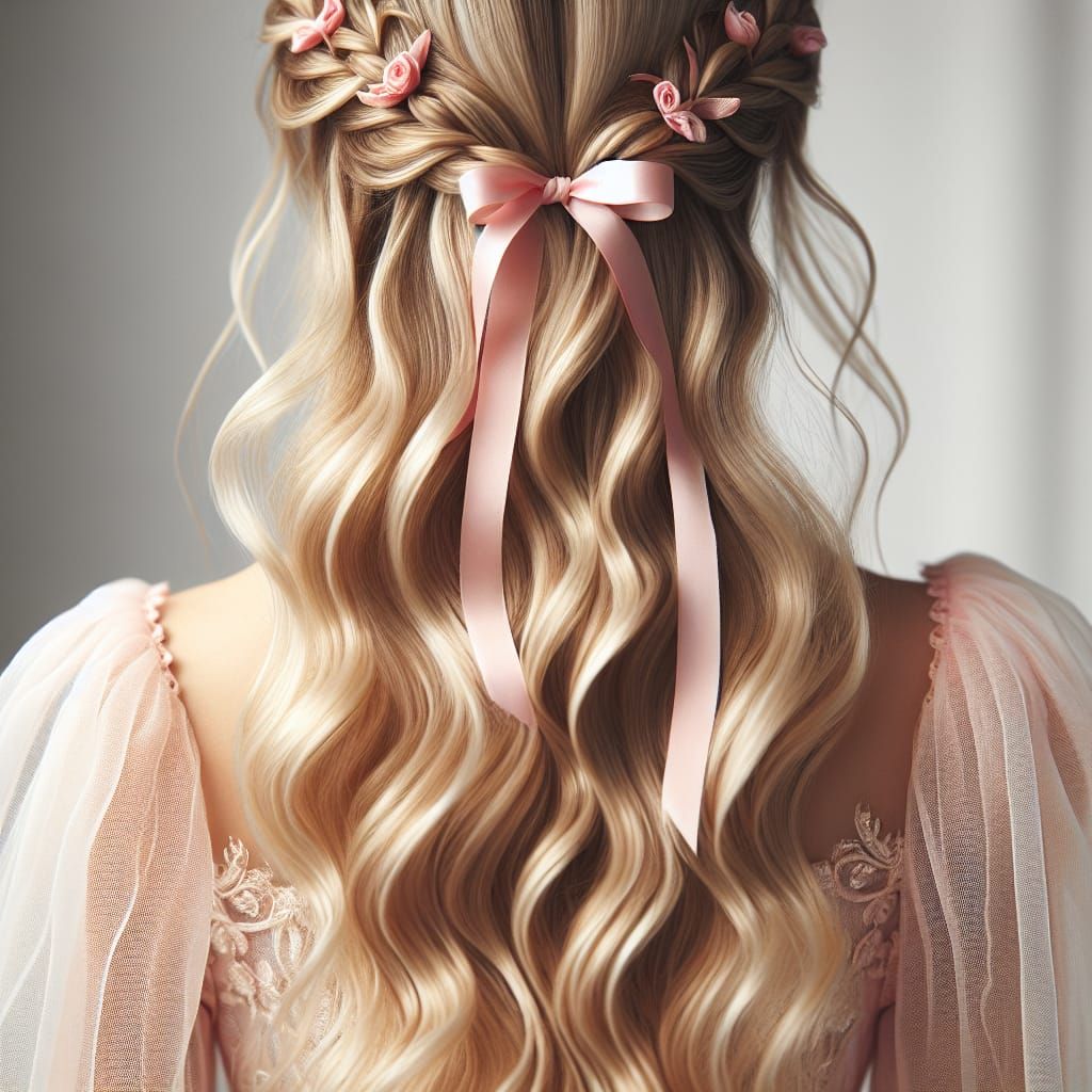 Blonde Princess Braids Held by Pink Ribbons