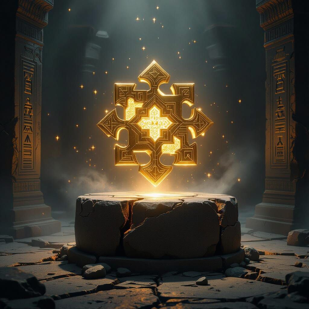 Mystical Golden Puzzle Artifact in Ancient Temple