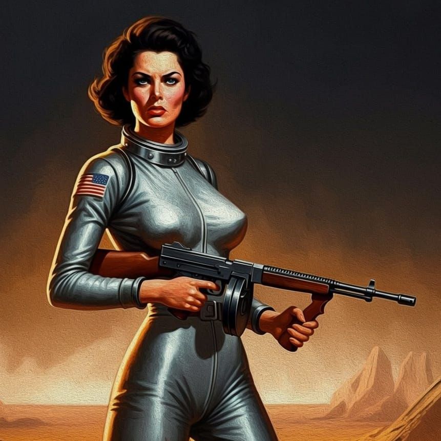 Retro Sci-Fi Woman with Gun on Alien Desert