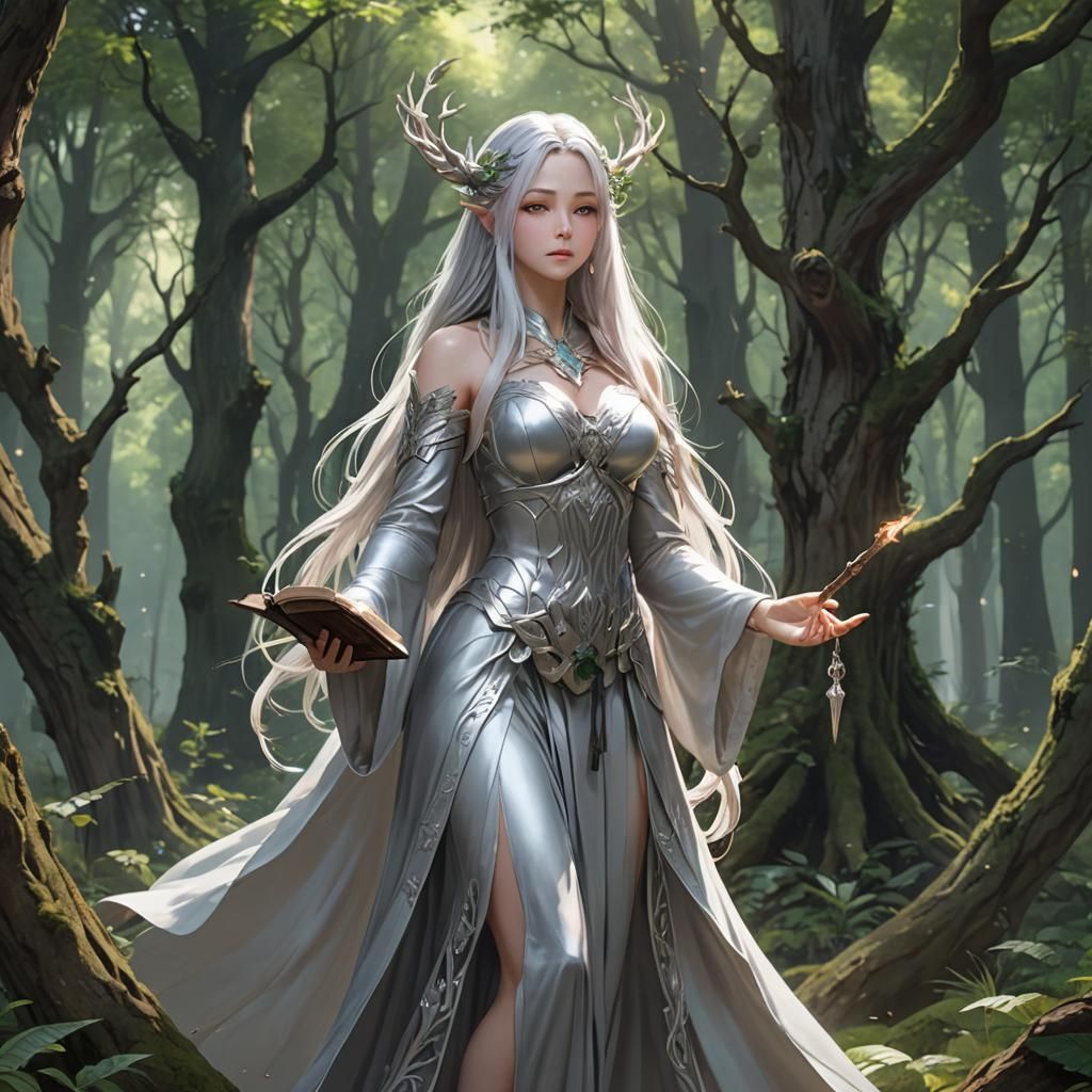 Forest Goddess with Staff and Spellbook in 3D Anime Art