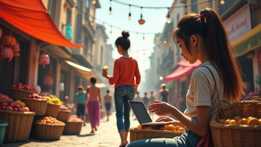 Marketplace & Online Shopping Split Scene