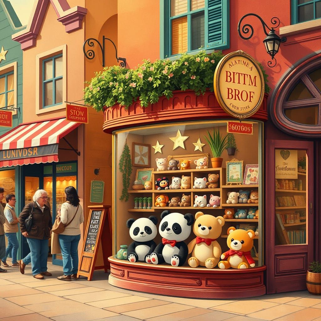 Whimsical Village Storefronts with Cozy Stuffed Animal Shop