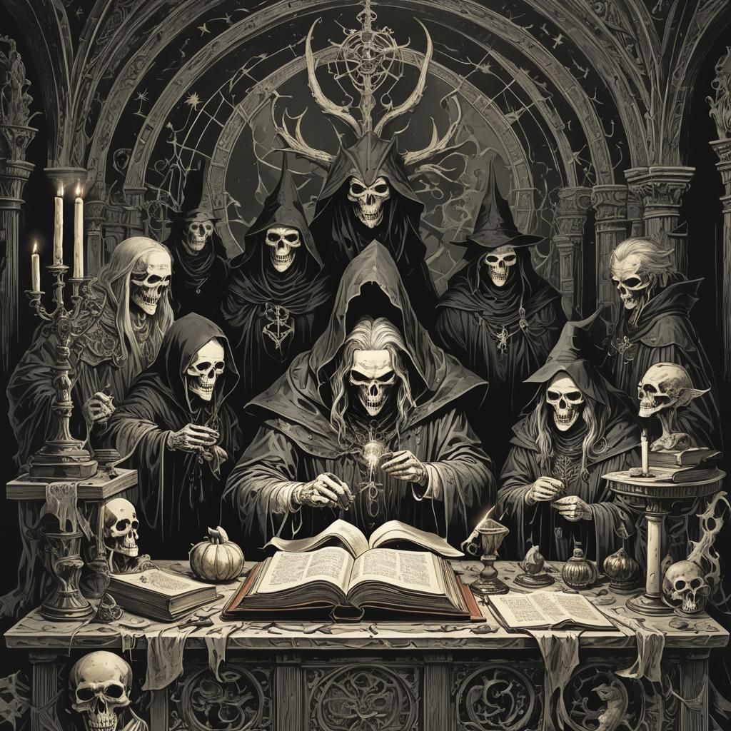 Witches Read Malleus Maleficarum on Altar