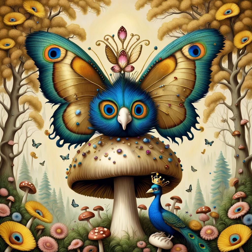 Whimsical Peacock Butterfly in a Gemstone Wonderland