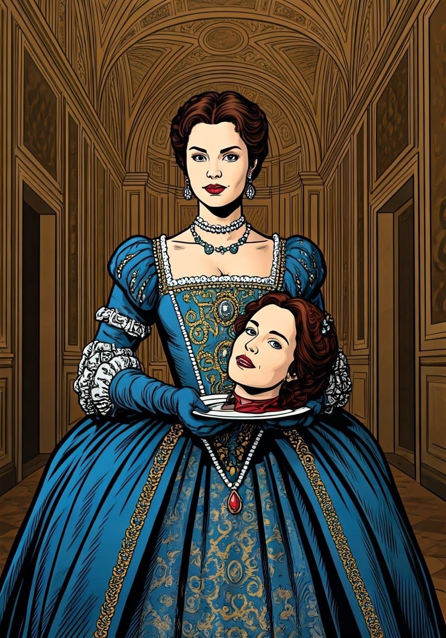 Woman in Renaissance Blue Cradles Severed Head in Pop-Art Co...