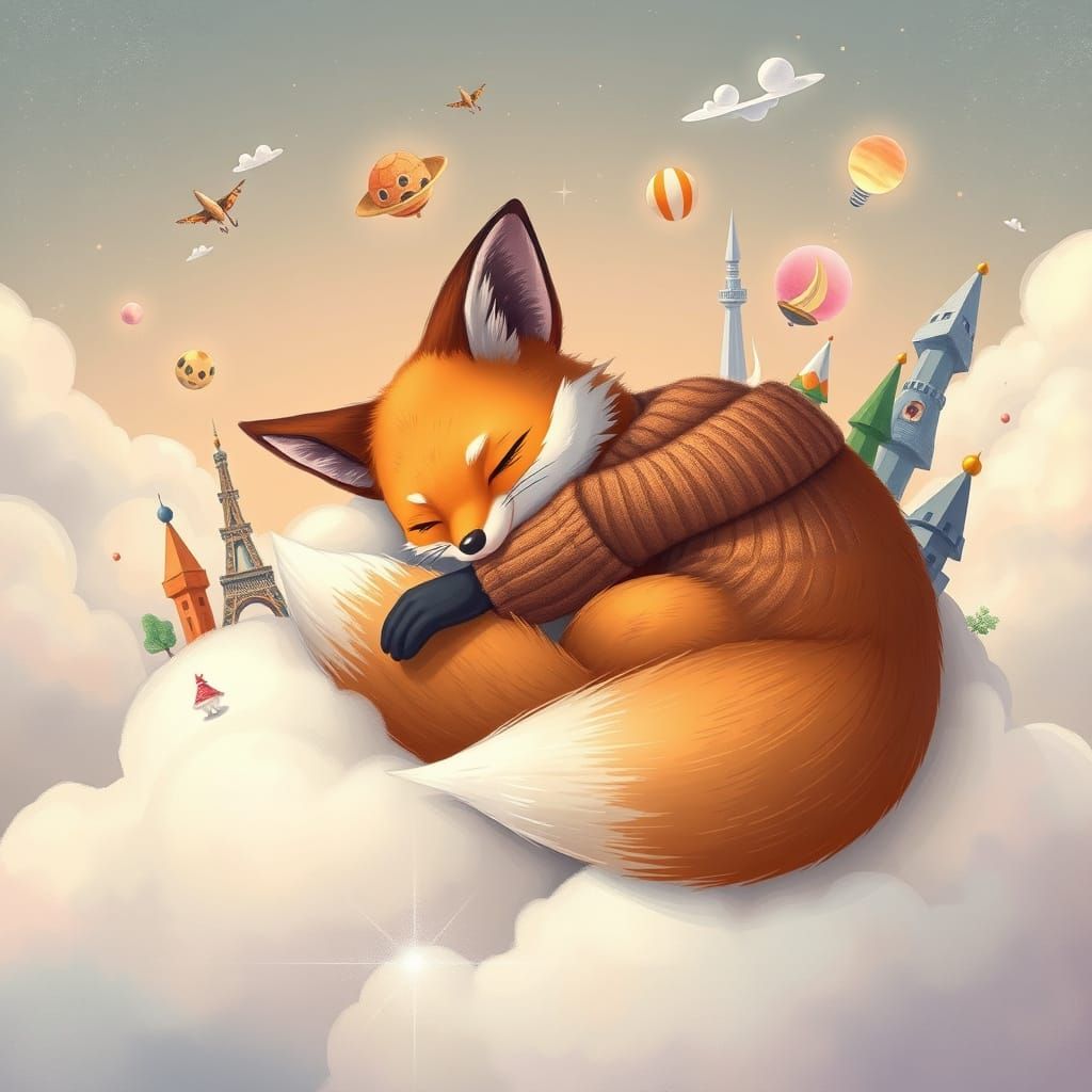 Whimsical Dream Fox on a Cloudy Oasis