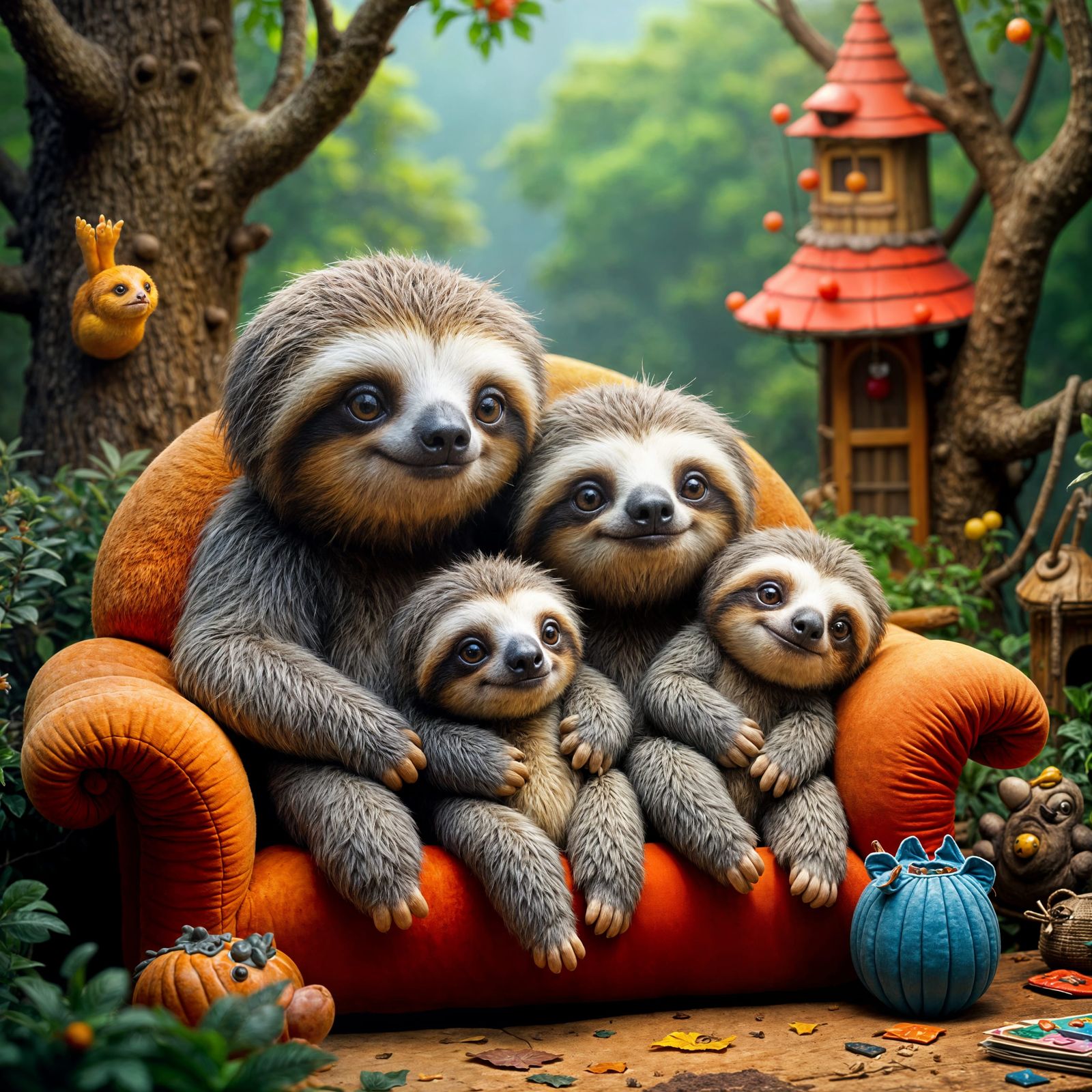 Hyper-Realistic Sloth Family in Whimsical Treehouse