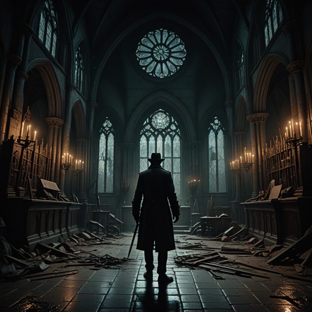 Gothic Hunter Stands Amidst Bloody Cathedral Ruins in Dark F...