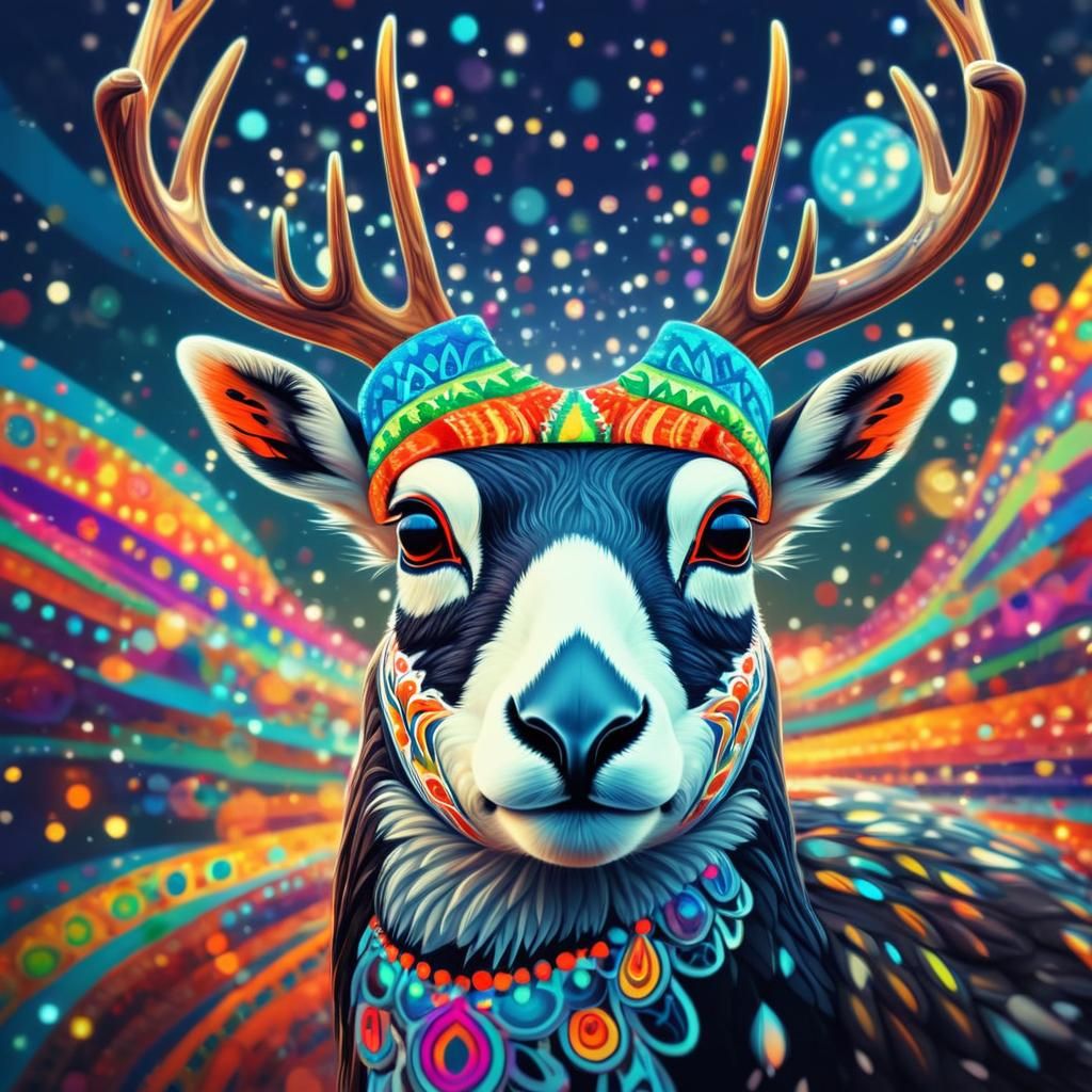 Psychedelic Christmas Puffin with Antlers