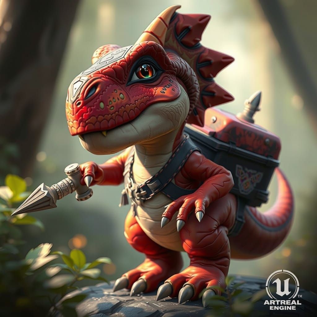 Cute Dinosaur Adventurer in Vibrant Fantasy Realm