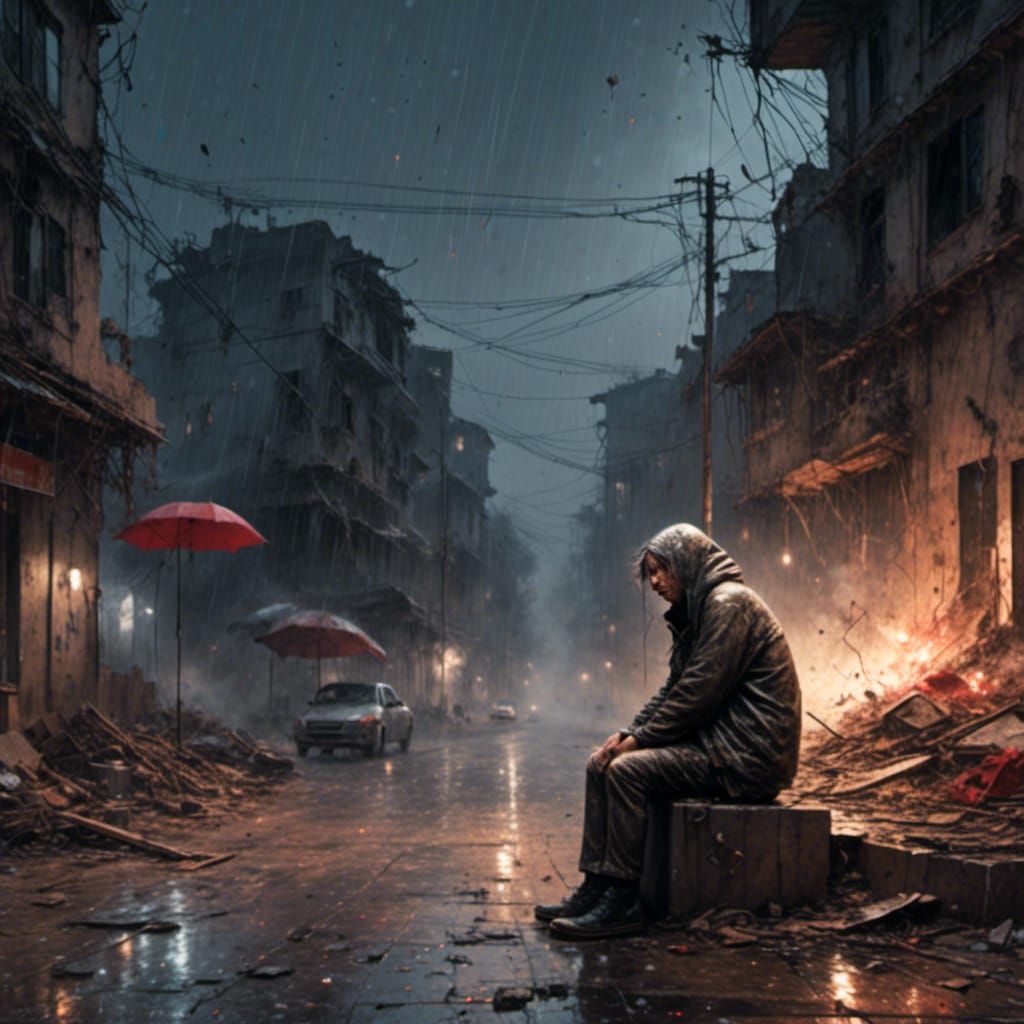 Sad Man in Ruined City: Digital Illustration