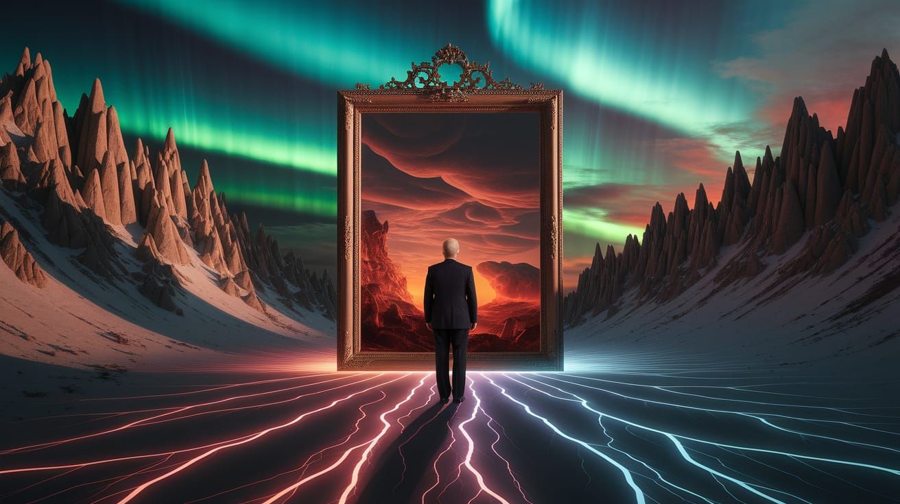 Optical Surrealism: Mirror to Hell Under Aurora Sky