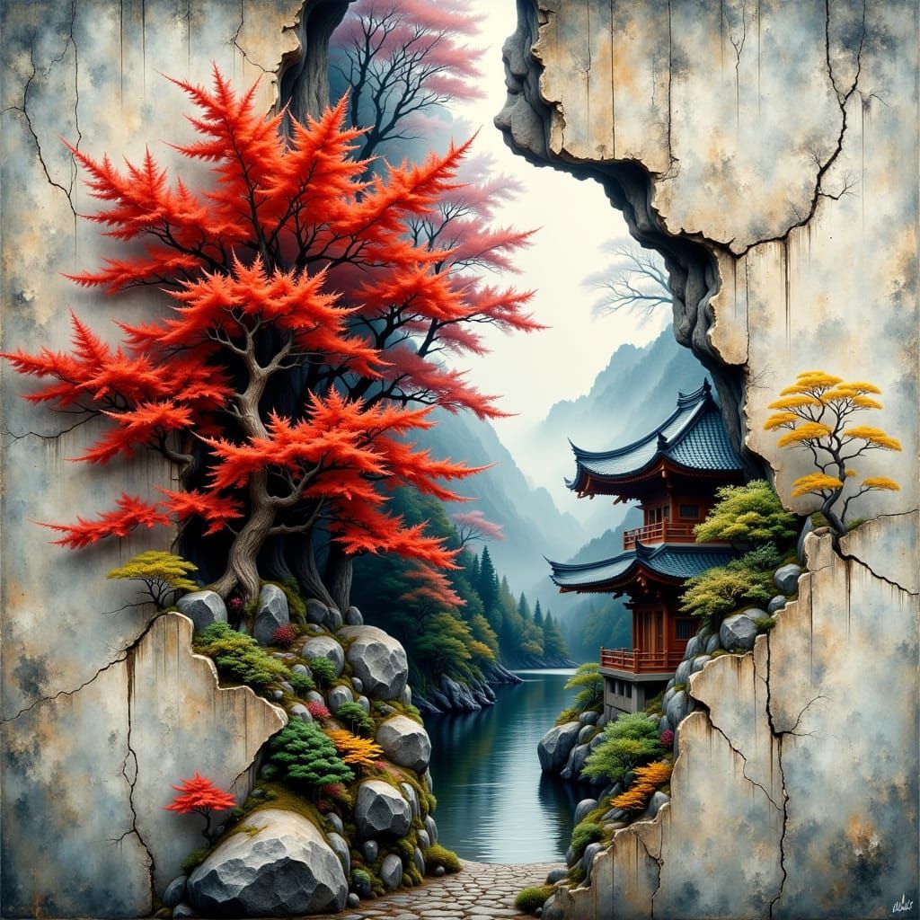 Split-Screen Wall with Crimson Leaves and Zen Temple