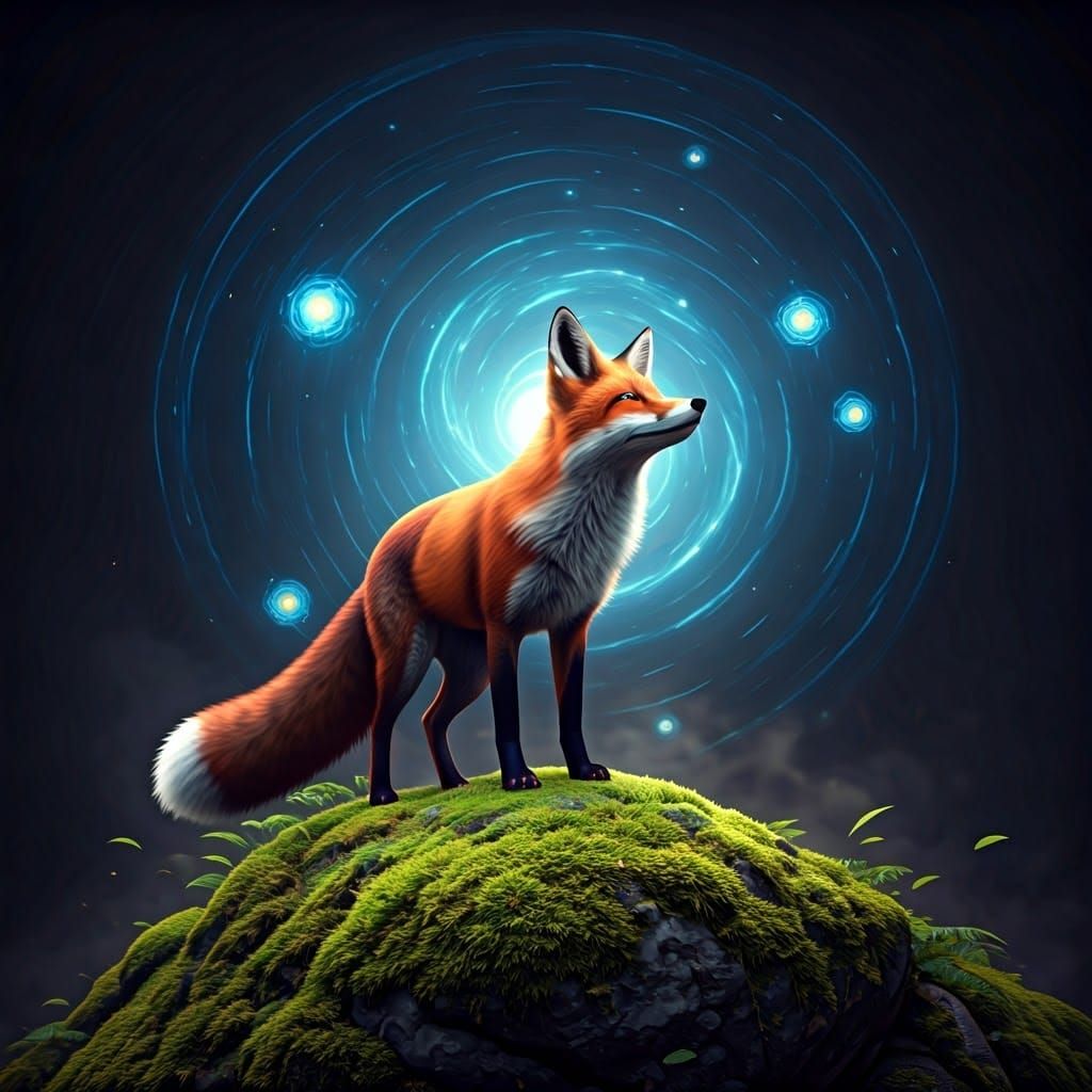 Red Fox Gazing at Starry Nebula in Misty Forest