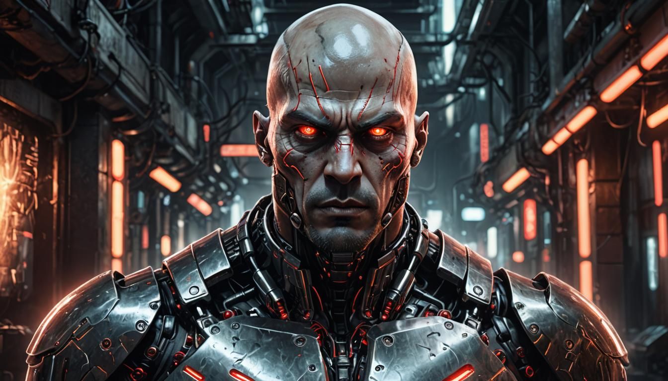 Cybernetic Warrior Portrait with Metallic Augmentations