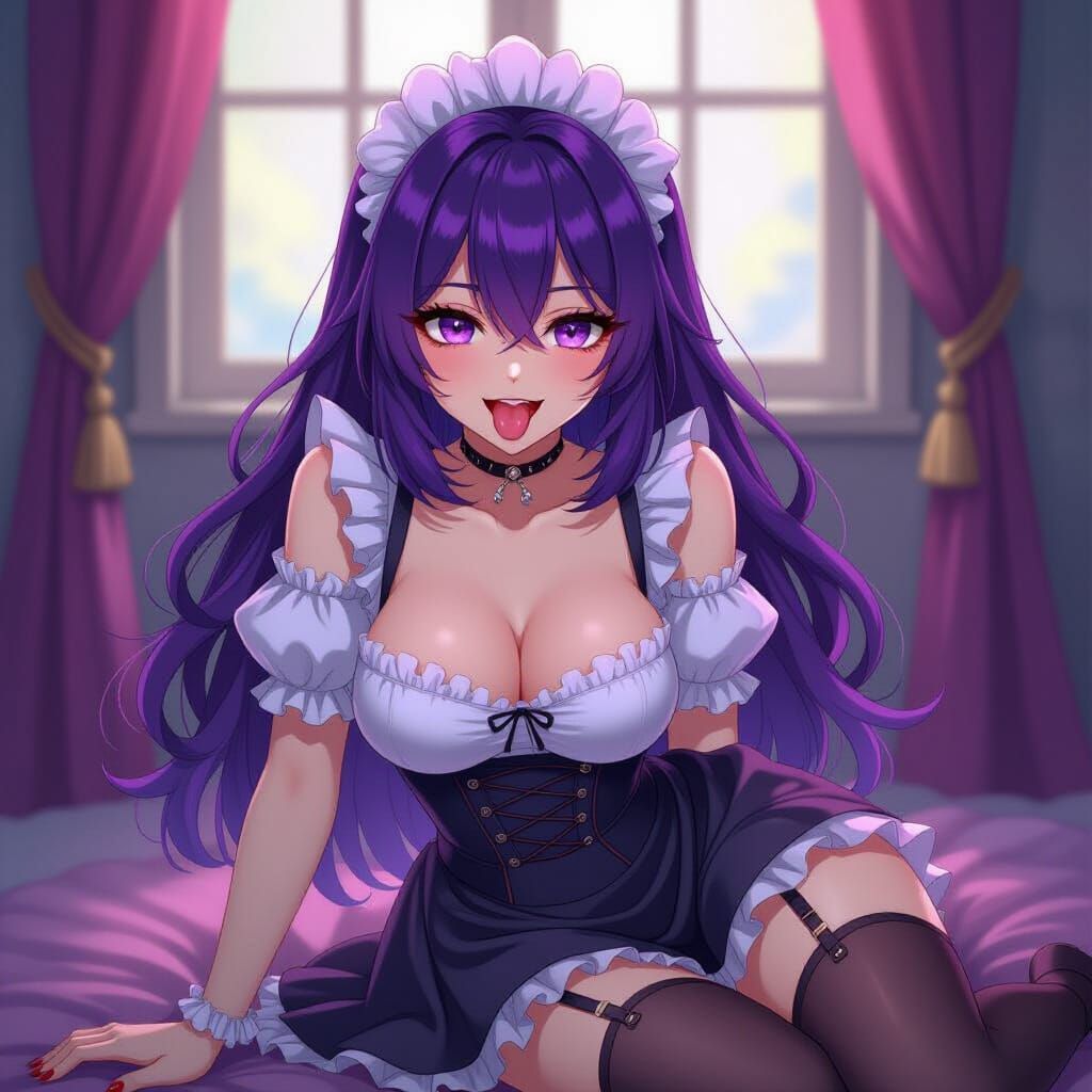 Seductive Anime Maid with Purple Hair and Fangs
