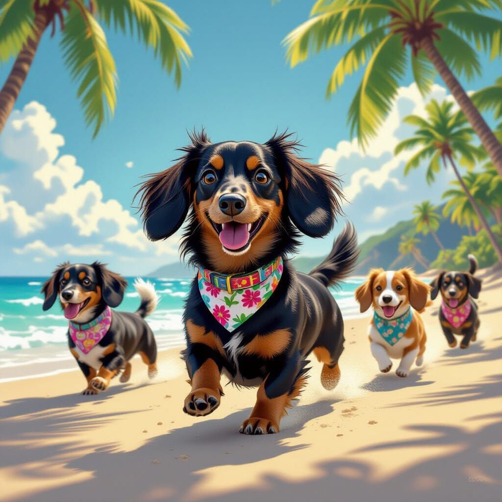 Joyful Dachshund Beach Run: Fantasy Concept Art
