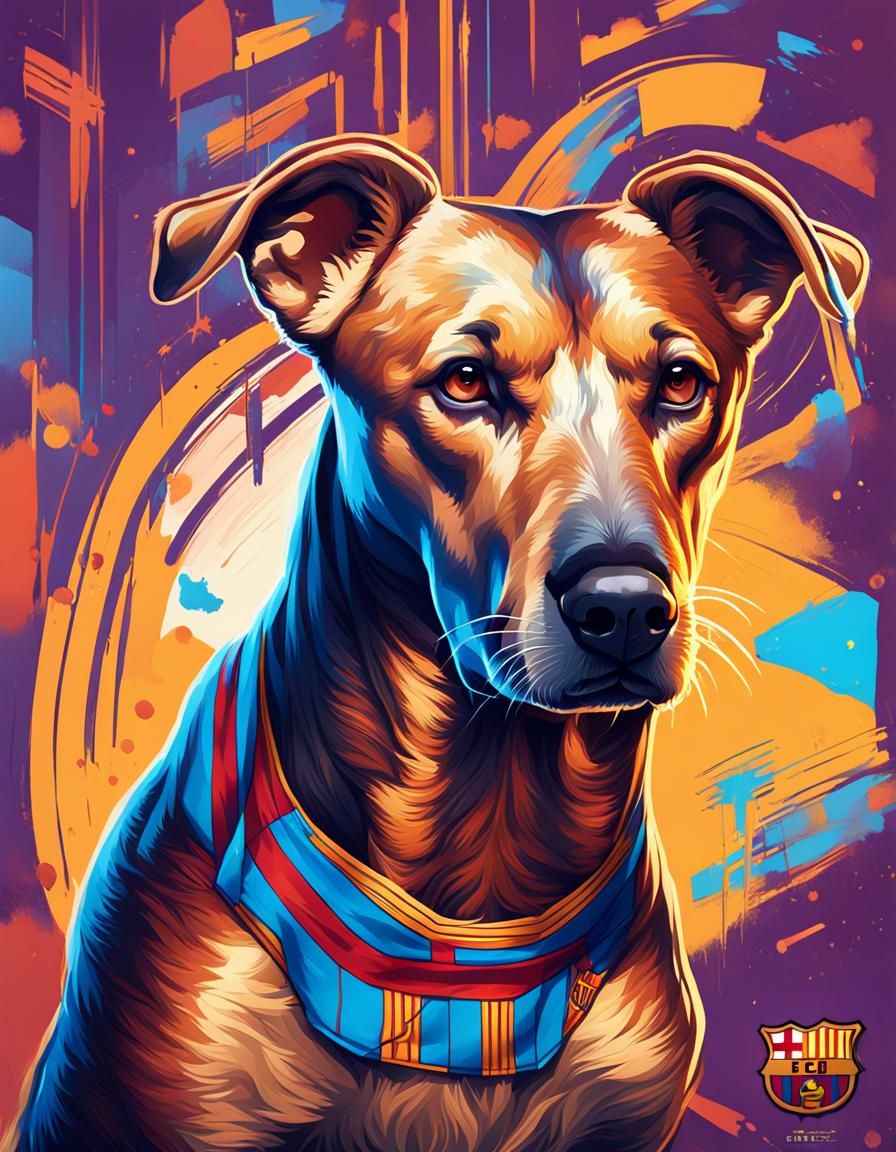 Dog Portrait in FC Barcelona Jersey, Detailed Digital Art
