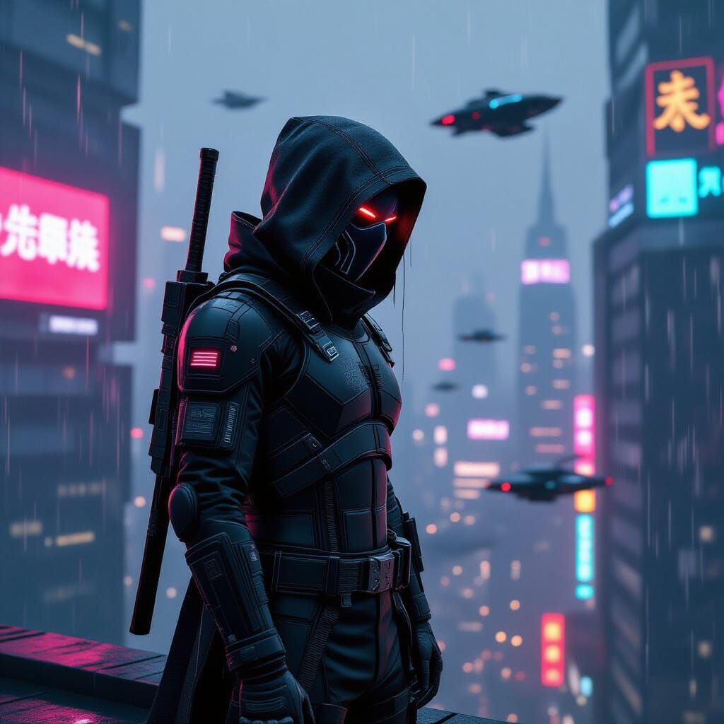 Cyberpunk Ninja Overlooking Neon Metropolis in Unreal Engine