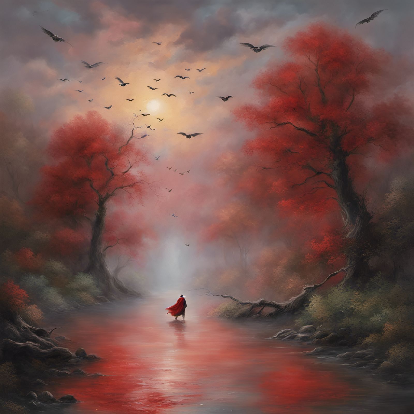 Ethereal Red-Clad Figure Pursued by Ghosts