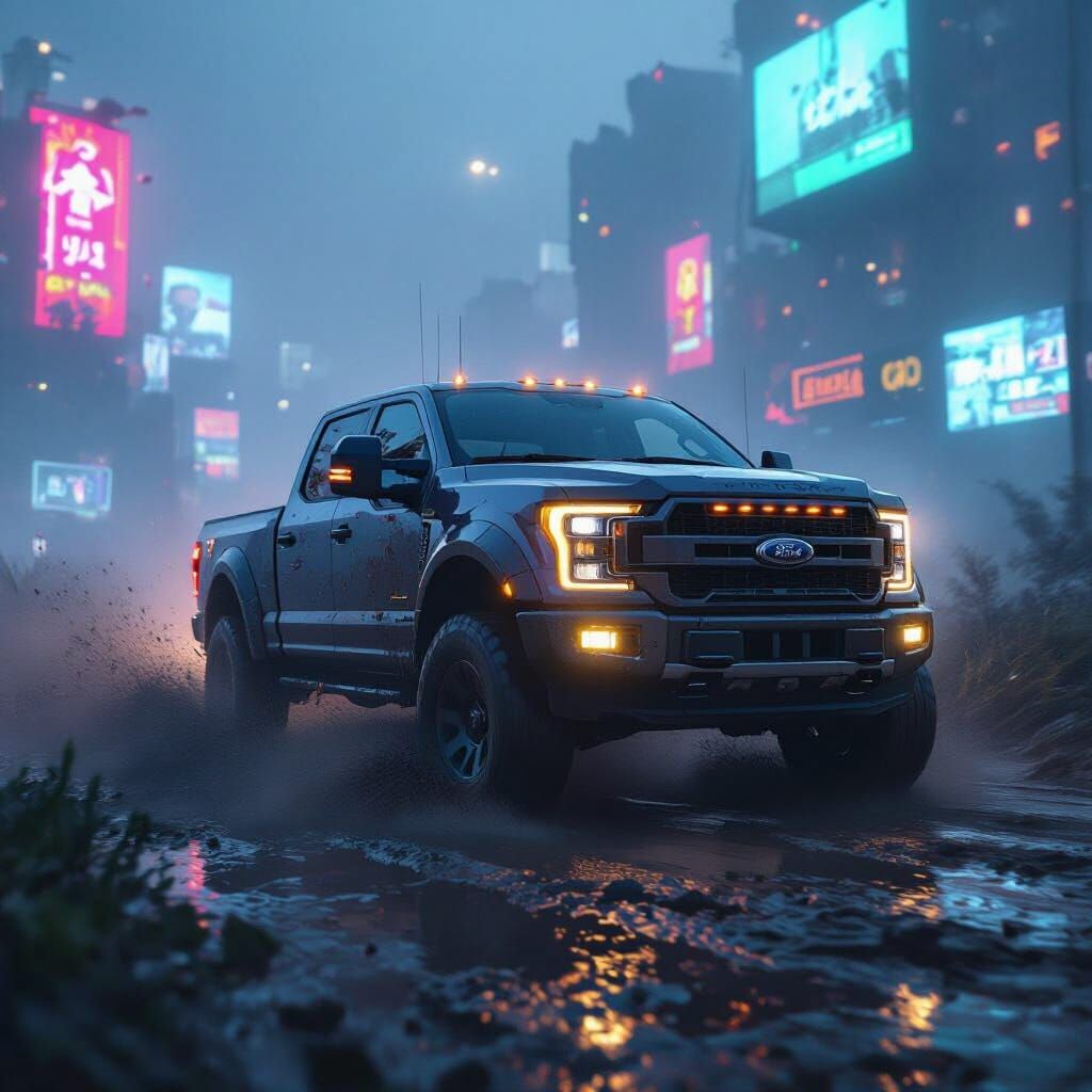 Ford Truck Races Through Mud in Cyberpunk Dystopia