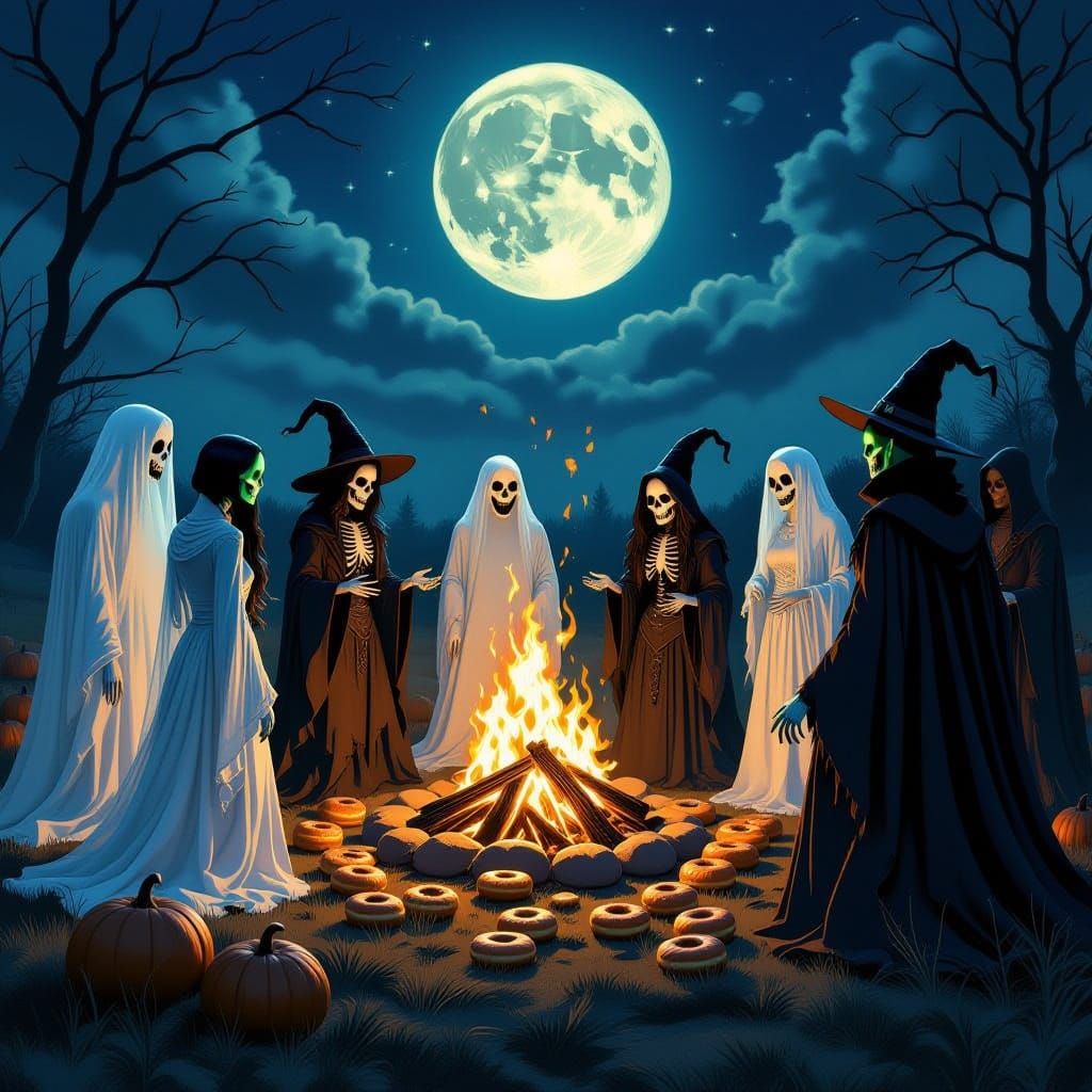 Eerie Harvest Festival with Spectral Figures and Bonfire