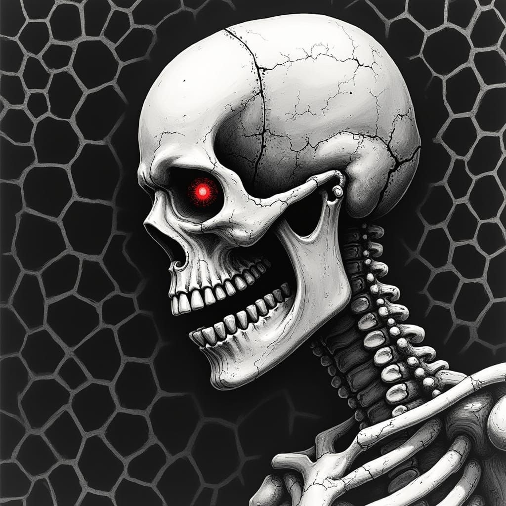 Monochrome Skeleton with Red Eye in Horror Style