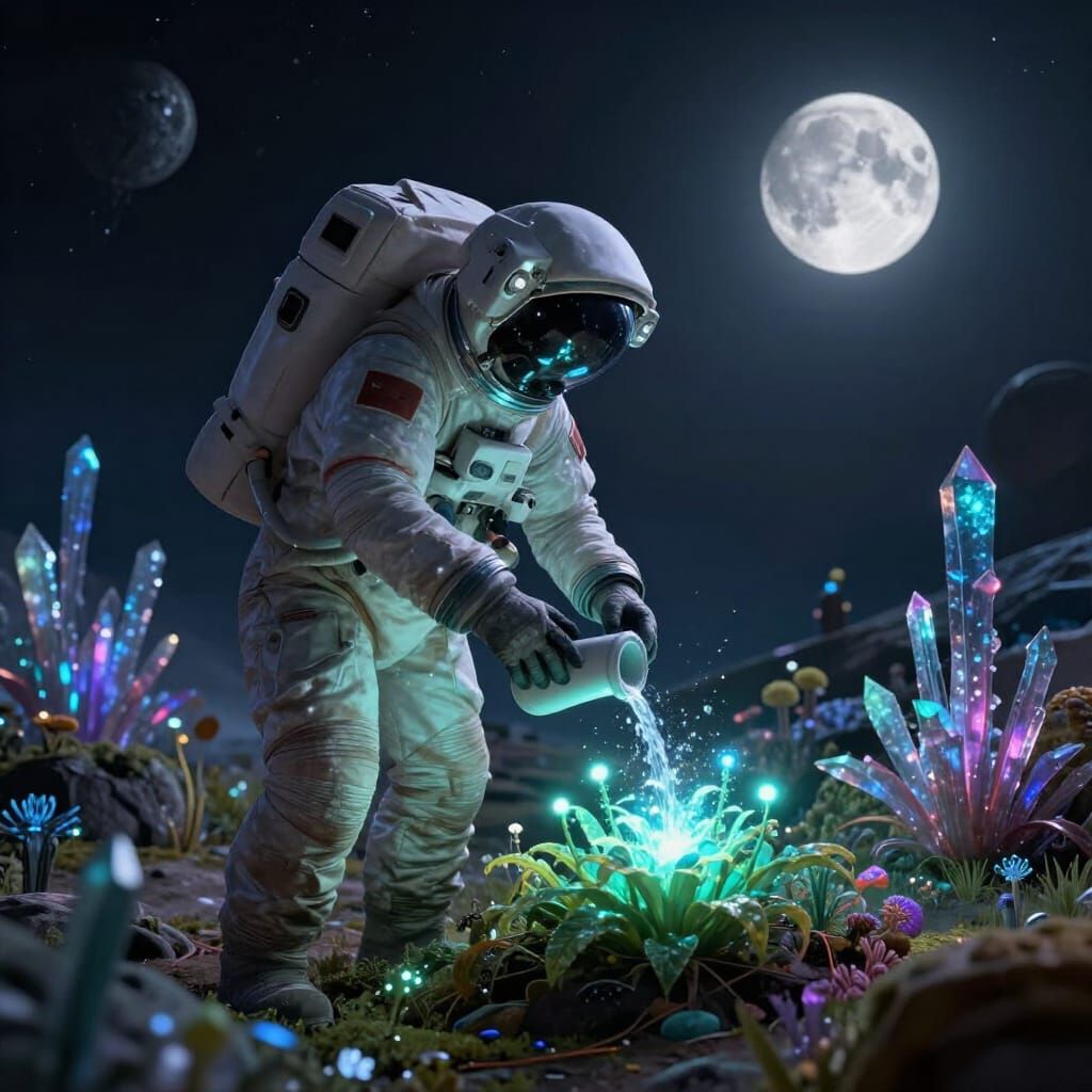 Astronaut Tends Bioluminescent Garden on Alien Planet