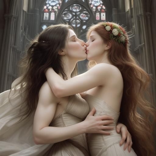 Witch Workout Kiss in Gothic Cathedral, Dark Fantasy Art