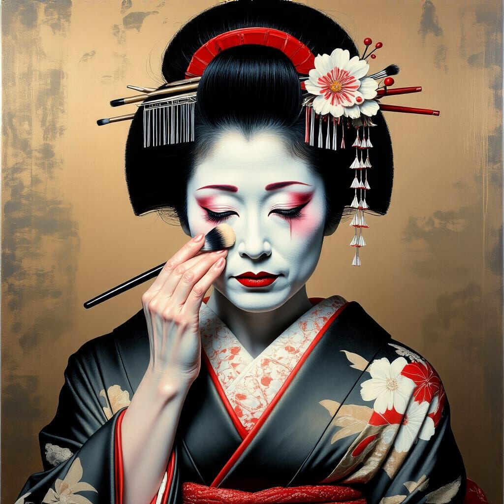 Geisha Removing Makeup in Rich Oil Painting Detail