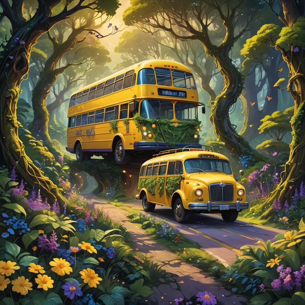 Enchanting Yellow Bus in Mystical Forest Concept Art