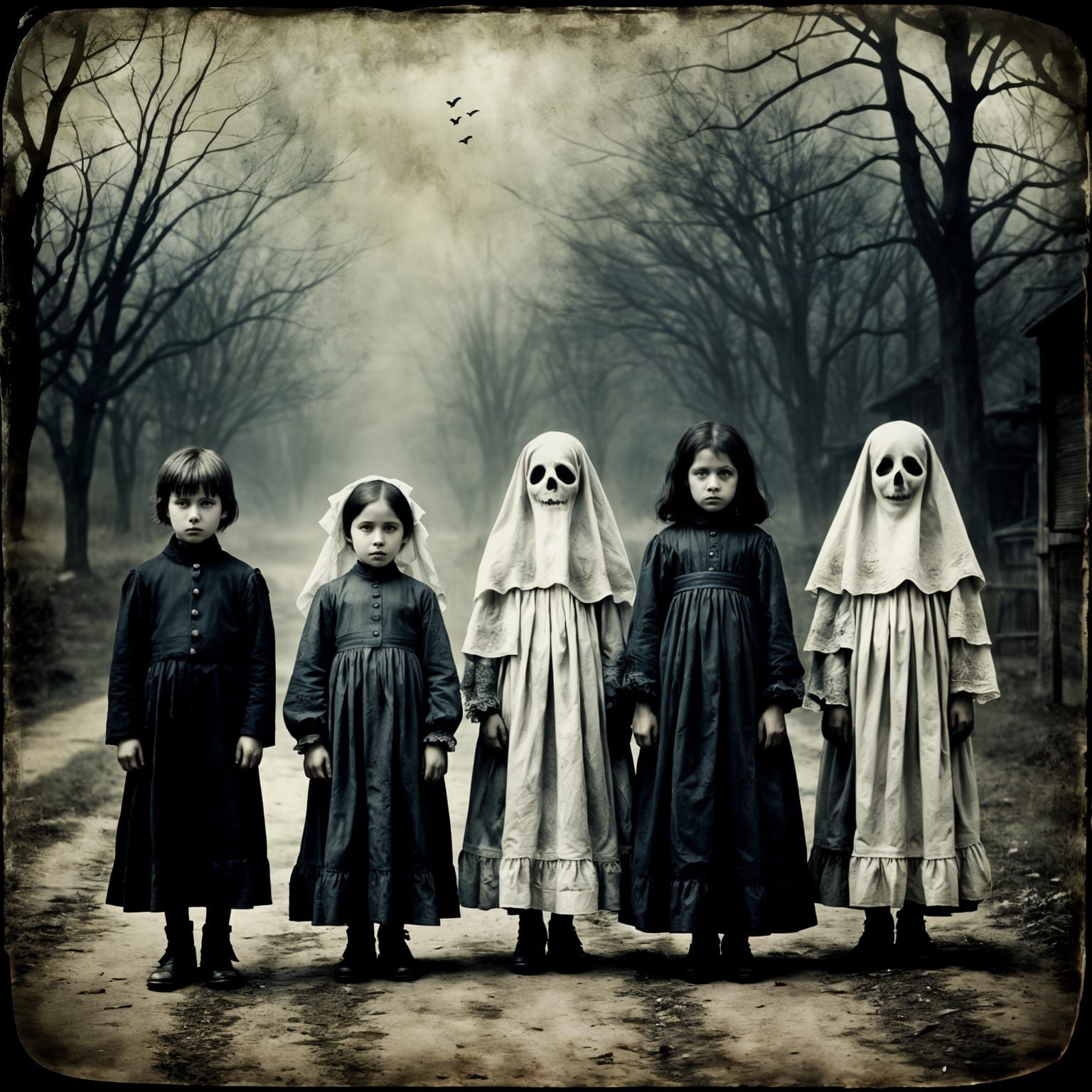 Creepy Victorian Halloween Ghost Children in Vintage Photo