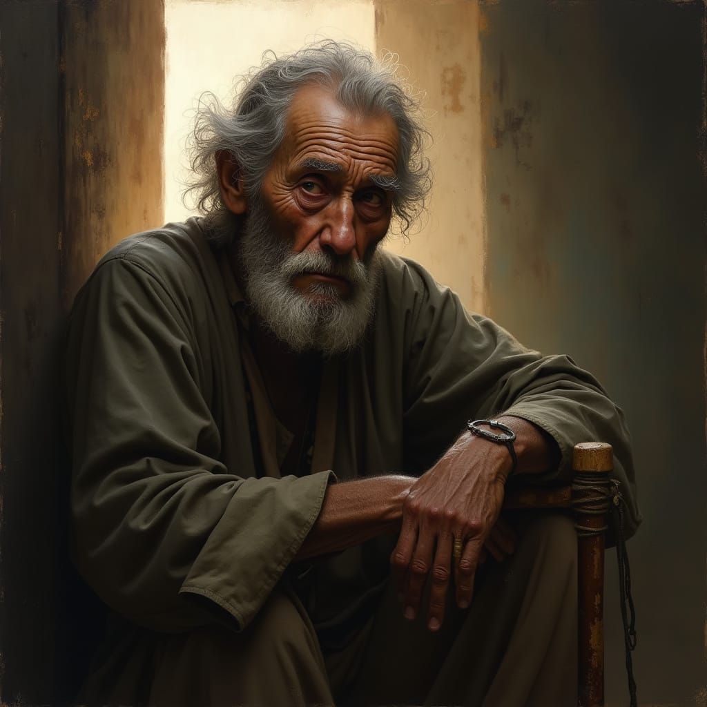 Elderly Man's Hope for Peace in Chiaroscuro Style