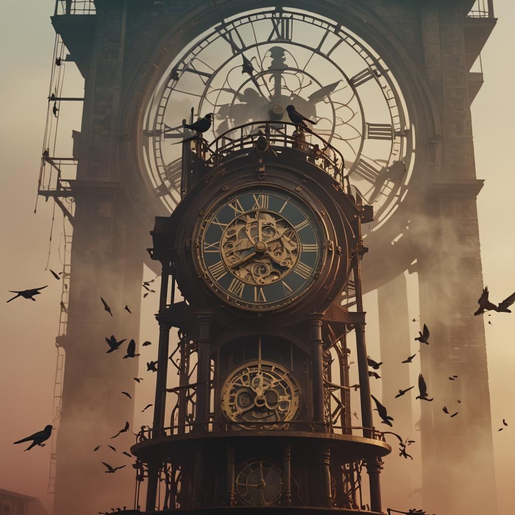 Clockwork Birds on Misty Tower in Film Still