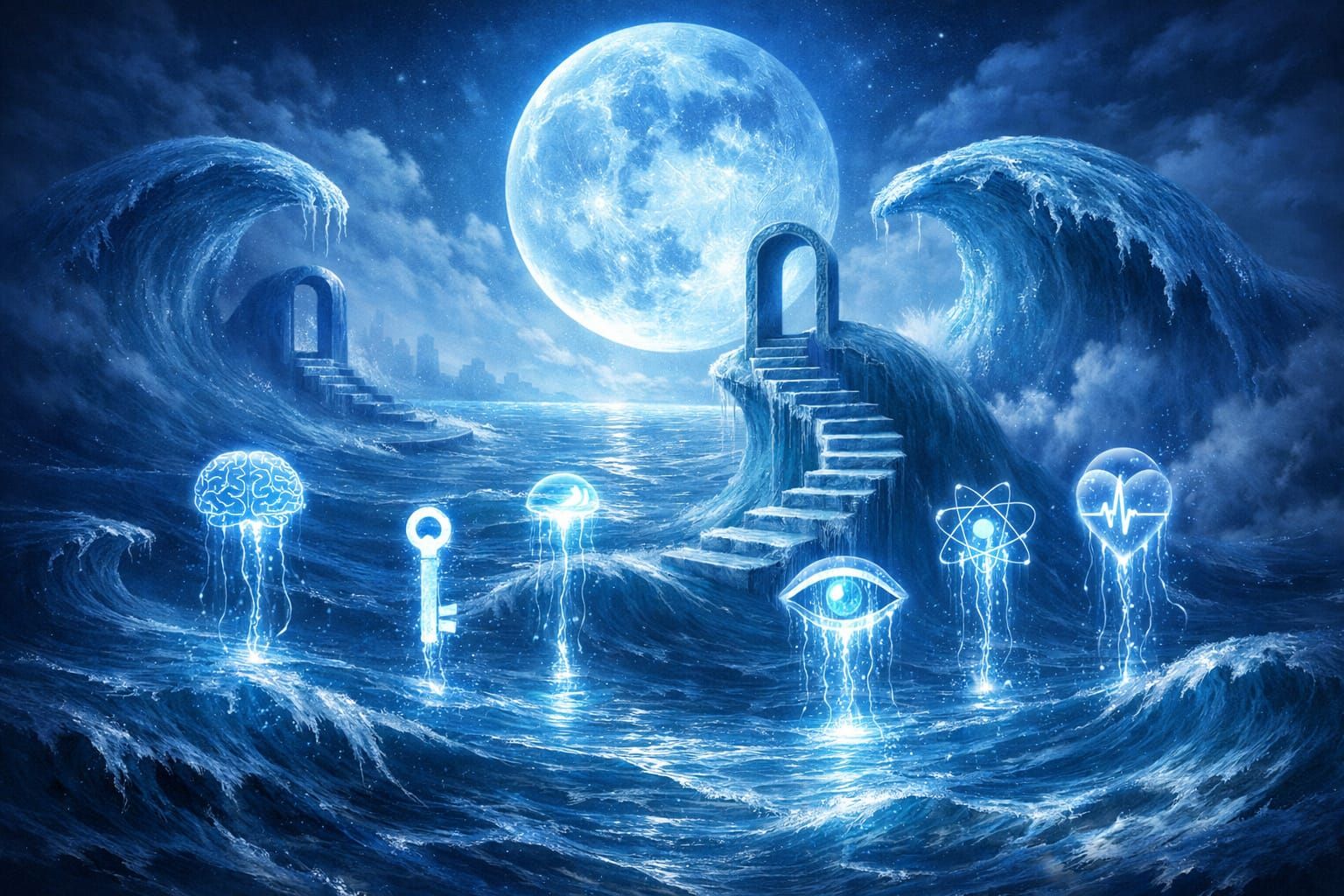 Surreal Seascape With Glowing Symbols and Impossible Waves