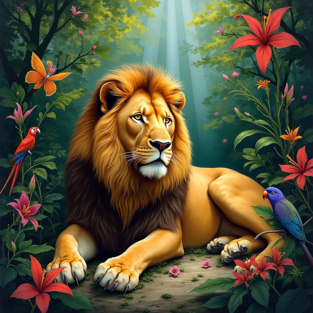Lion Lounging in Jungle Clearing, Painterly Style