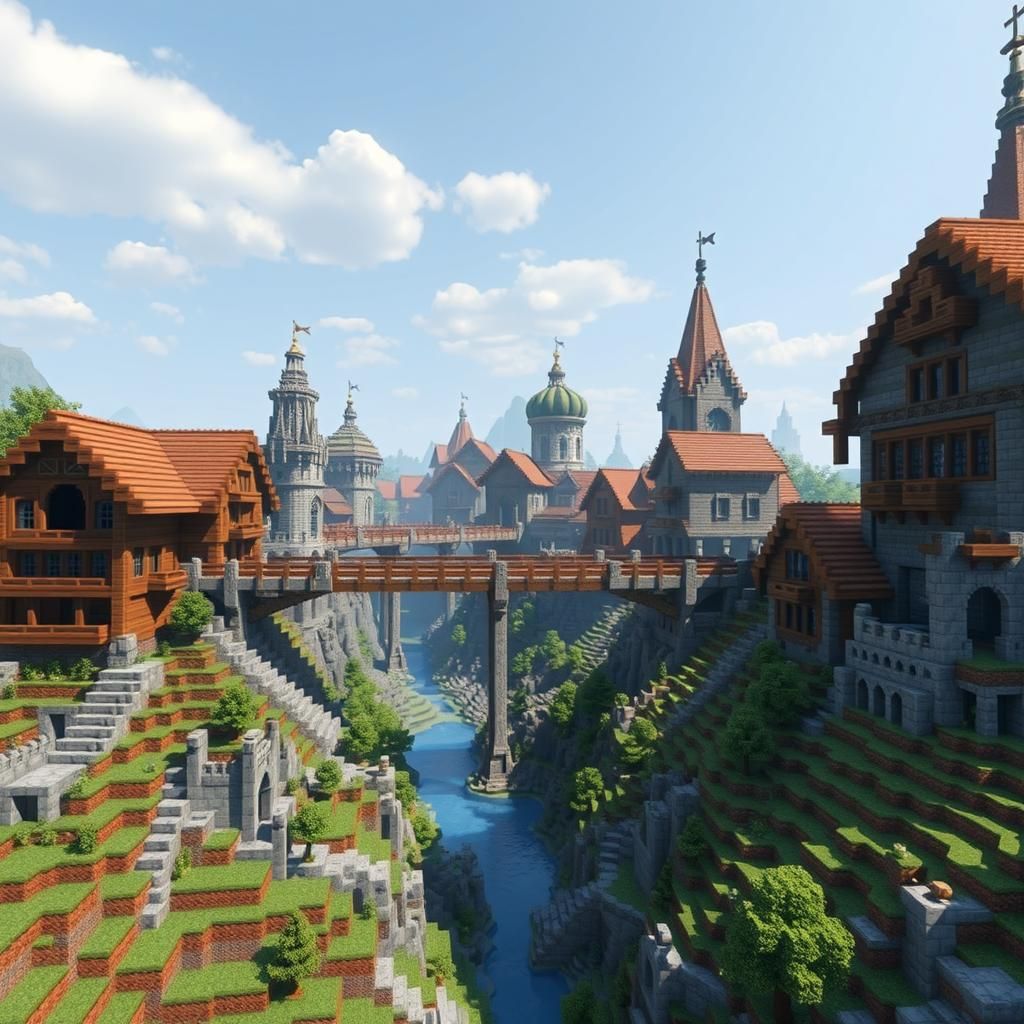 Minecraft Buildings Connected by Bridges: Professional Photo...