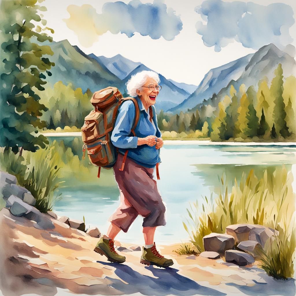 Laughing Hiker in Loose Watercolor Style