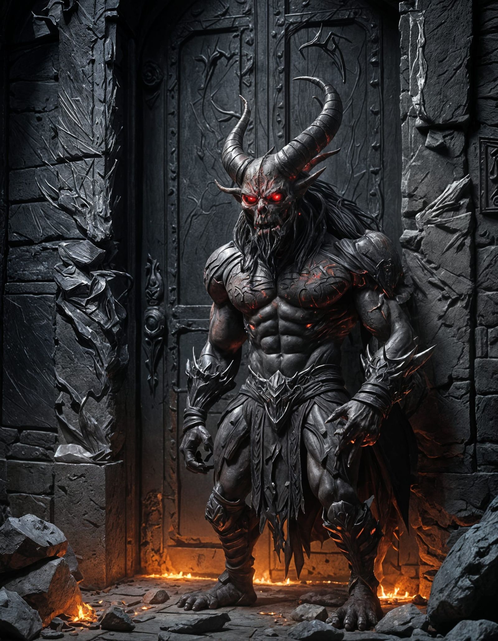 Imposing Demon Guardian Before Massive Dark Door