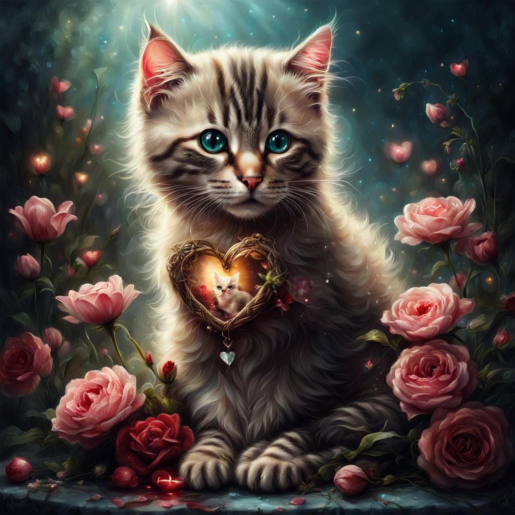 Cute Cat Surrounded by Flowers and Heart Lights