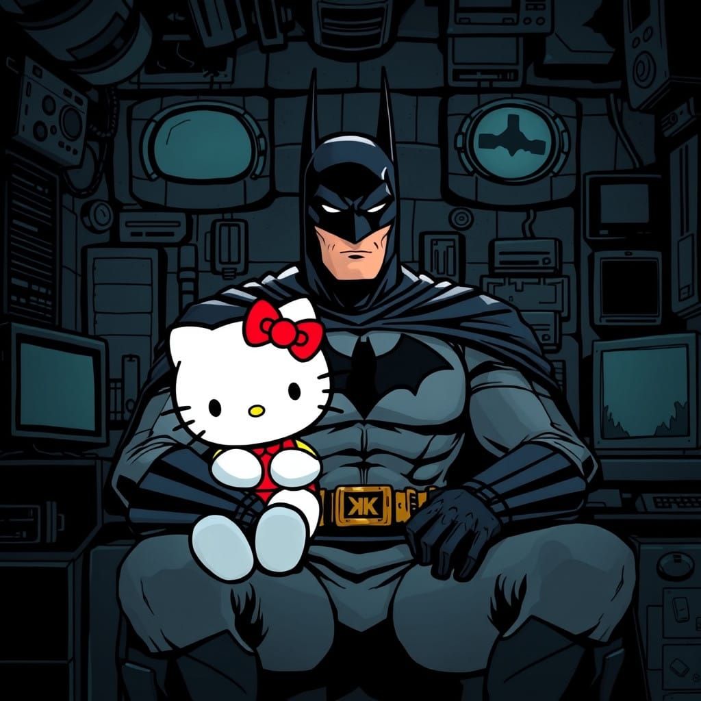 Batman Sitting with Hello Kitty in Gothic Batcave