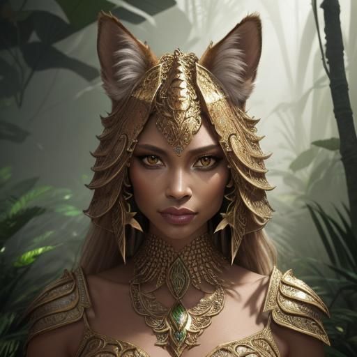 Stunning Tabaxi Woman in Misty Jungle Portrait