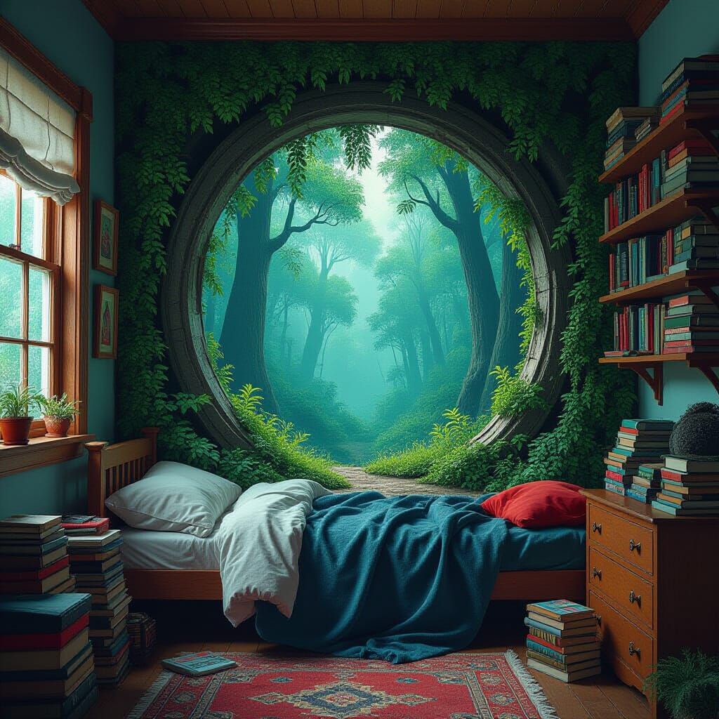 Fantasy Forest Portal in Cluttered Bedroom, Matte Painting