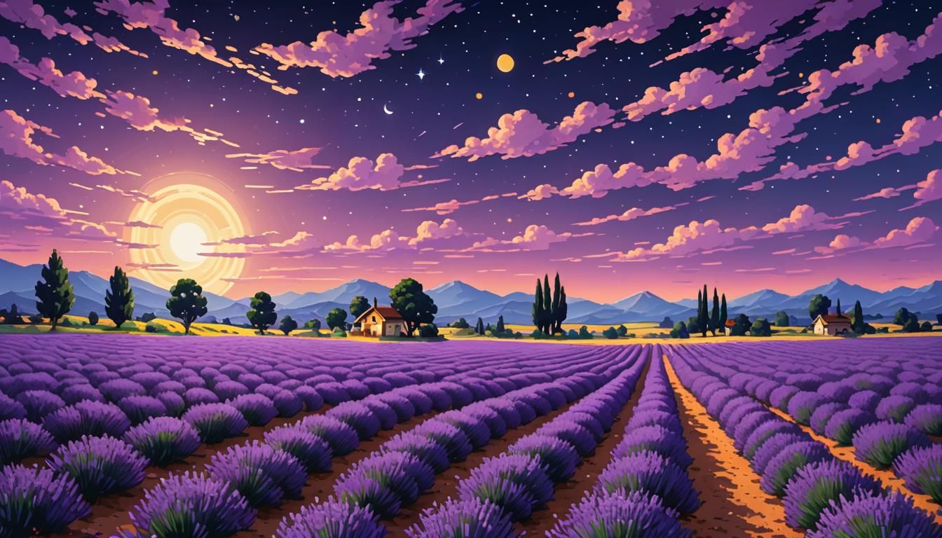 Lavender Fields at Night: SNES Pixel Art