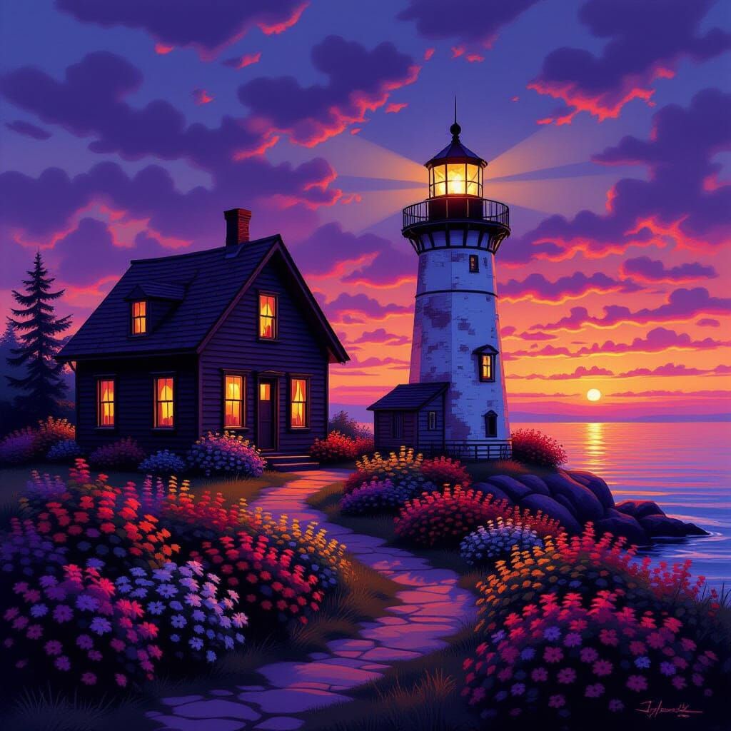 Rustic Cabin and Lighthouse Amidst Twilight Garden
