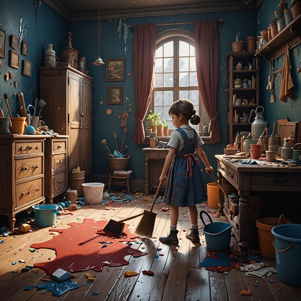 Little Girl Cleaning Room in Detailed Matte Painting