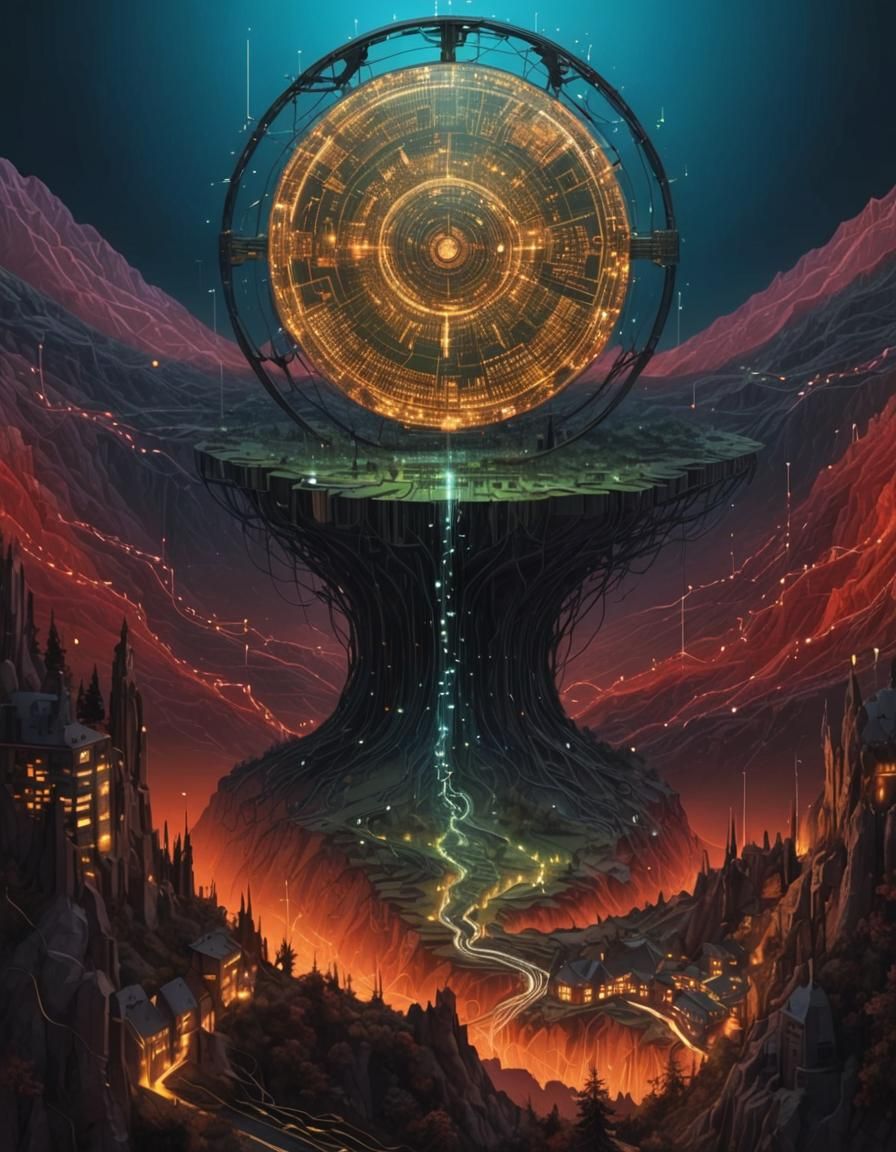 Circuitry Data Stream Landscape in Maximalist Digital Art