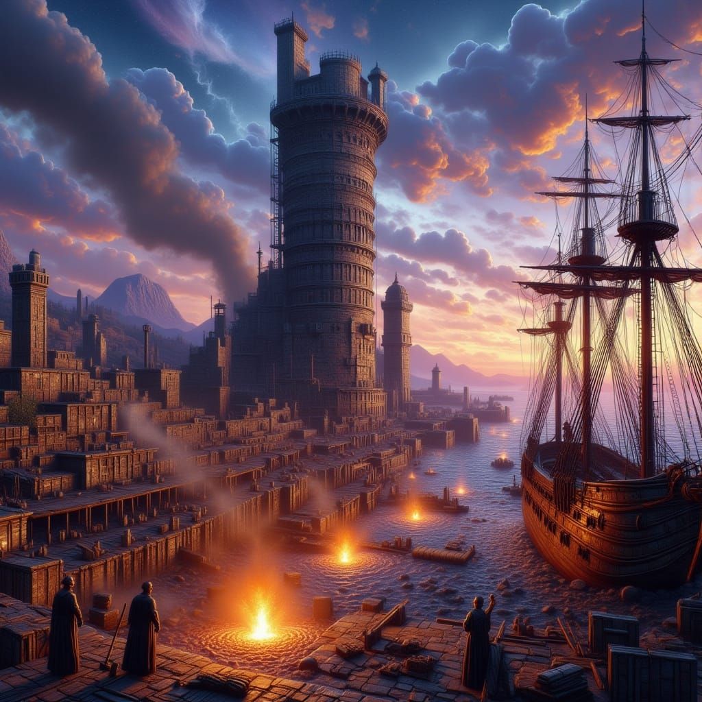 Mythical Celestial Harbor at Twilight: Steampunk Metalworks