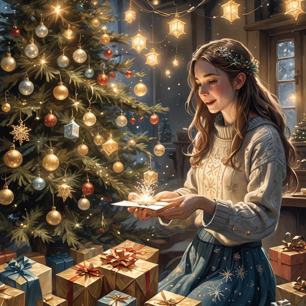 Girl Opening Christmas Present in Fantasy Style