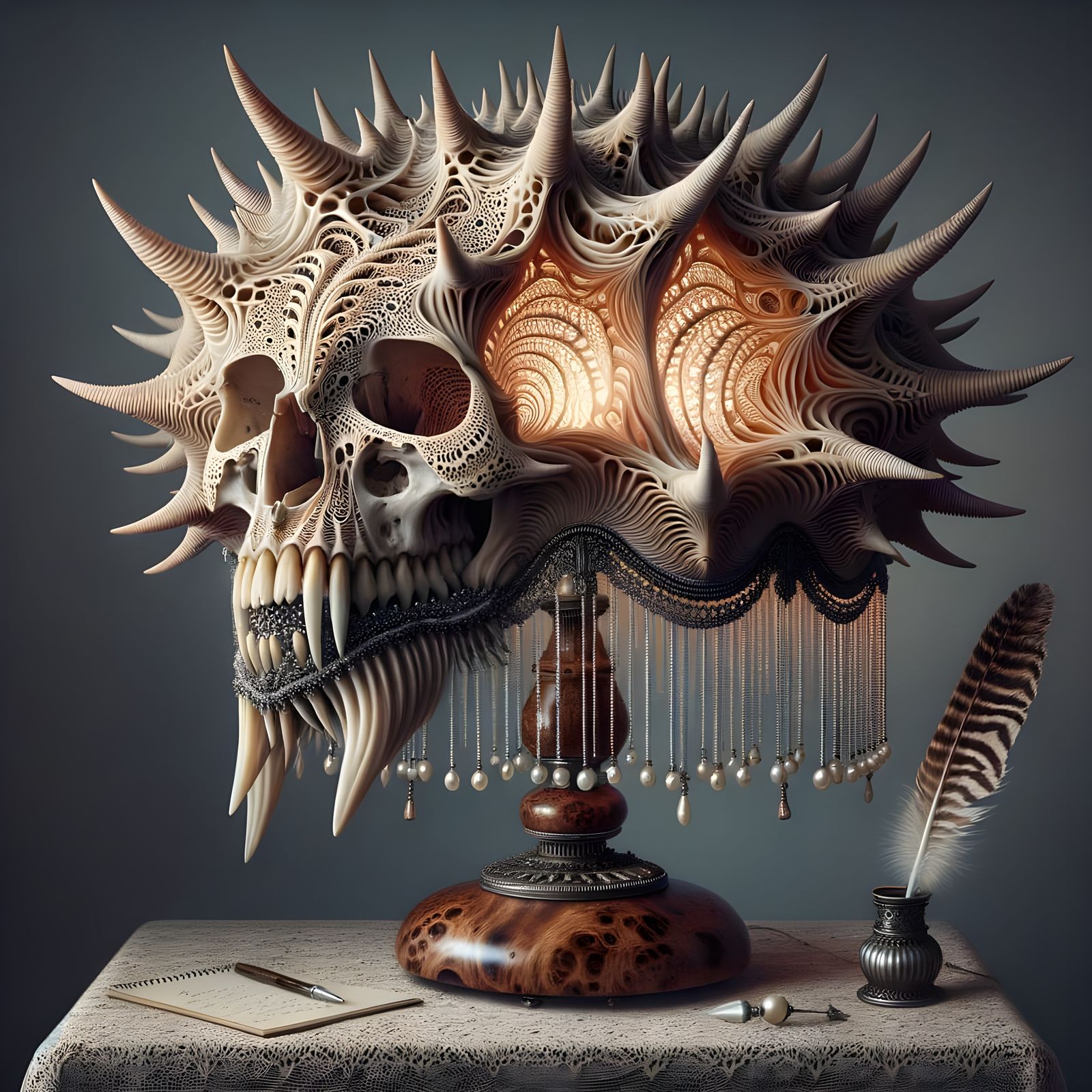 Ornate Skull Lampshade with Pearl Fringe